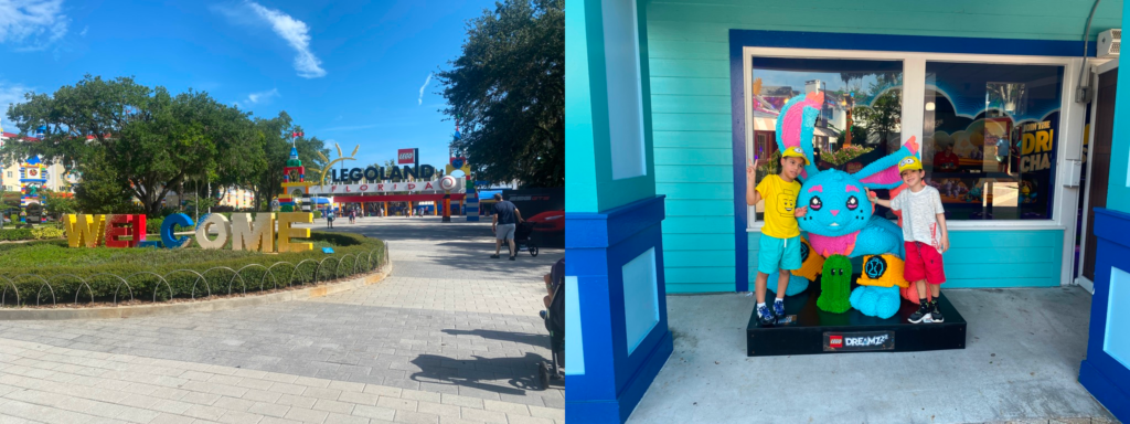 Two photos. The first shows the entrance to the Legoland park, and the second shows two children posing with a giant Lego animal.