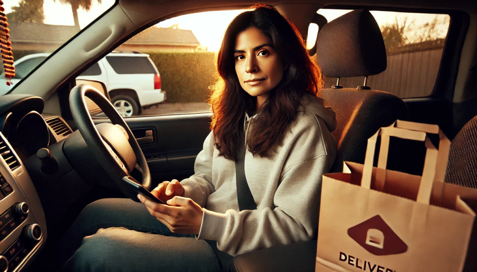 A latina immigrant woman in sitting in her car looking at a delivery app.