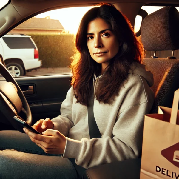 A latina immigrant woman in sitting in her car looking at a delivery app.