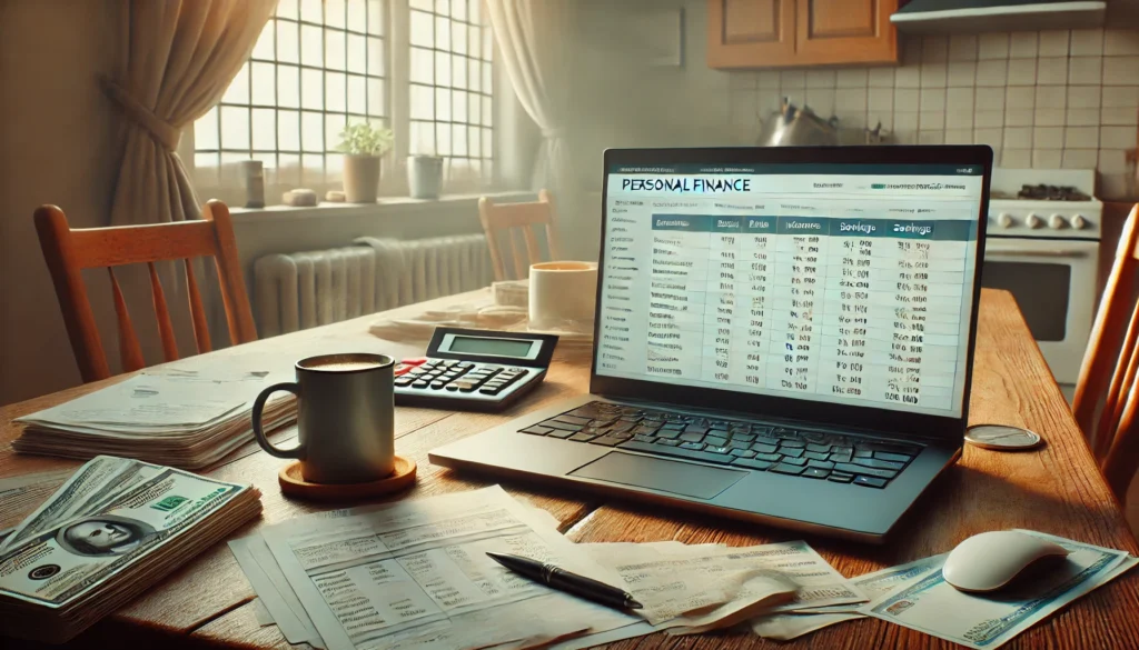 A mess table with a laptop, calculator and a coffee.