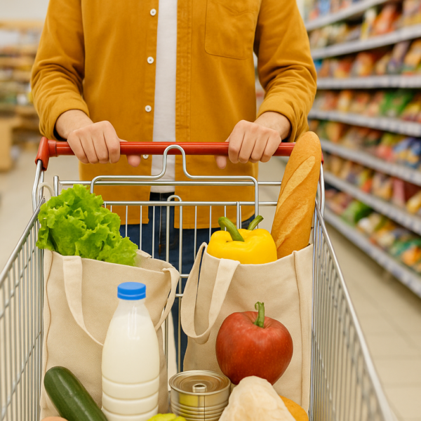 A man in the supermarket pushing a cart.