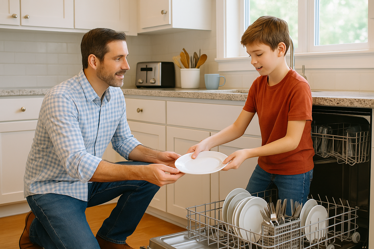 A son helping a father with the dishes.