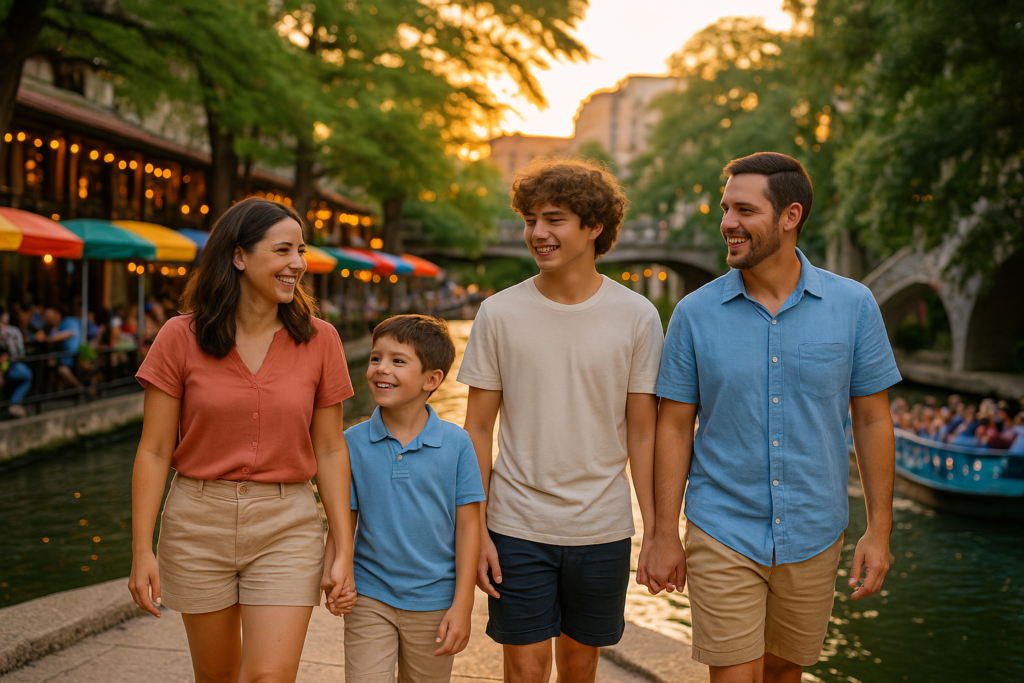 family walking in the river