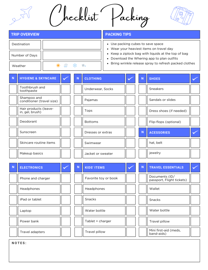 checklist packing