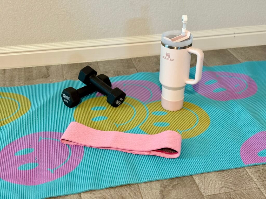 weight in the floor and a yoga mat