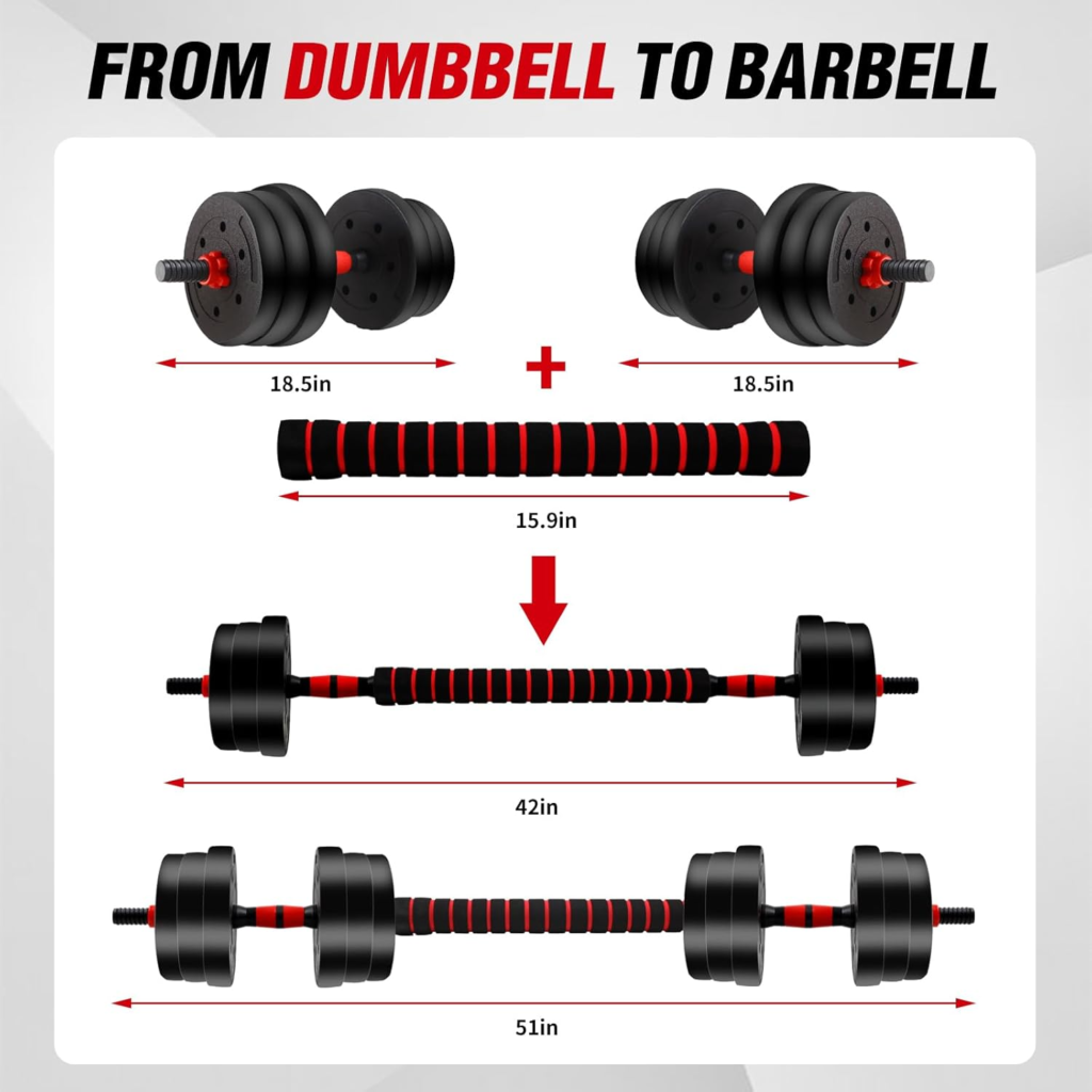 A pair of adjustable metal dumbbells resting on a small rack