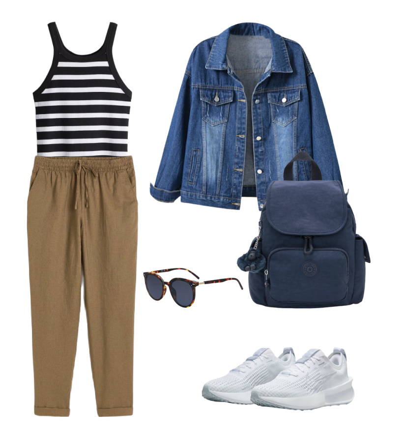 look-day-5 Travel outfit for flight day with striped tank, cargo pants, and denim jacket