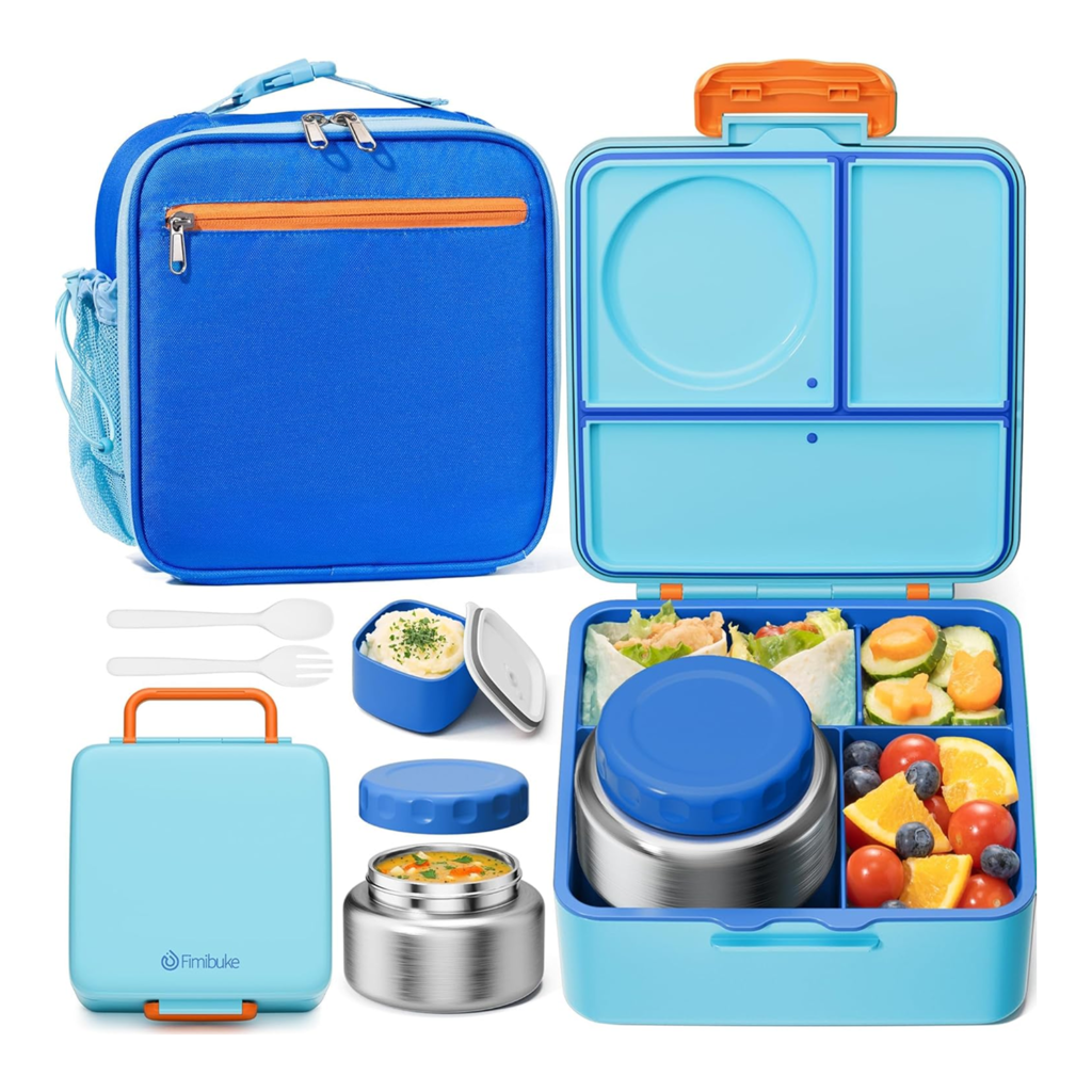 Fimibuke Kids Bento Lunch Box with Thermos, Leakproof Toddler Bento Box with 8.5 OZ Insulated Food Jar, Lunch Bag & Utensils BPA Free Dishwasher Safe 3 or 4 Compartment Container for School Girls Boys