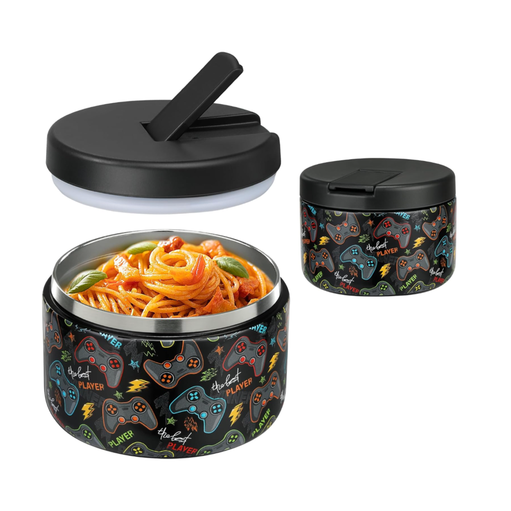 12oz Insulated Vacuum Food Jar with Buckle Lid Wide Mouth Soup Thermo for Hot Food Kids Leakproof Stainless Steel Lunch Container (Black-Game)
