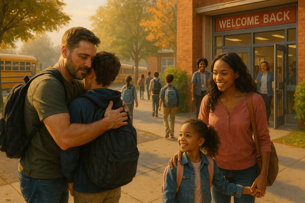 A mother and her two sons standing outside a school building with a “Welcome Back” sign, smiling and getting ready for the first day of school as they say goodbye.
