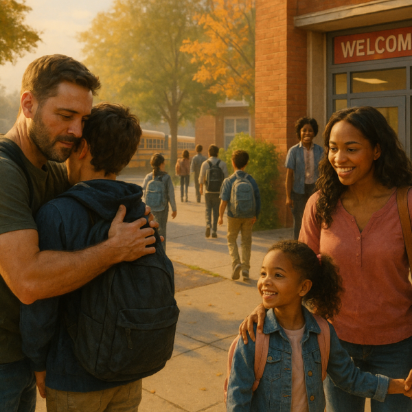 A mother and her two sons standing outside a school building with a “Welcome Back” sign, smiling and getting ready for the first day of school as they say goodbye.