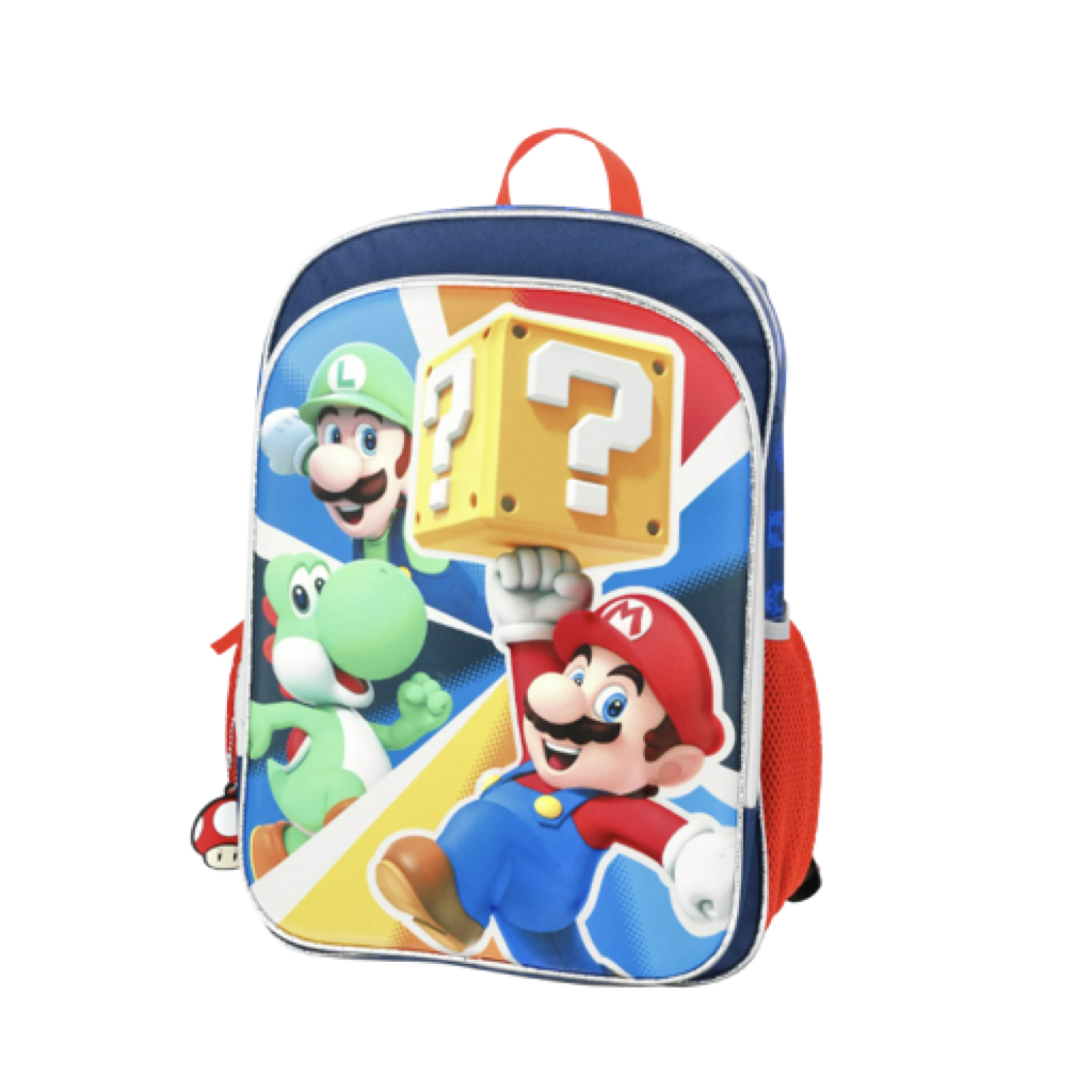 Mario-themed kids’ backpack with red and blue design, ideal for back to school, available at Walmart for $14.97.