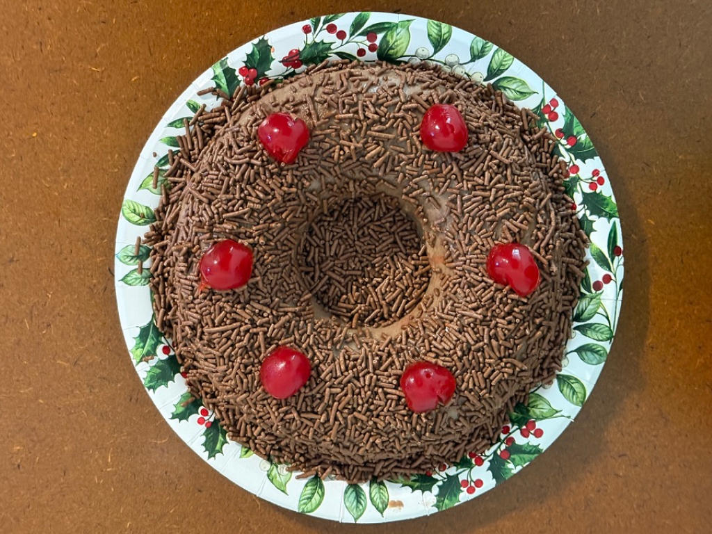 Brigadeiro seen from above, decorated with sprinkles and cherries