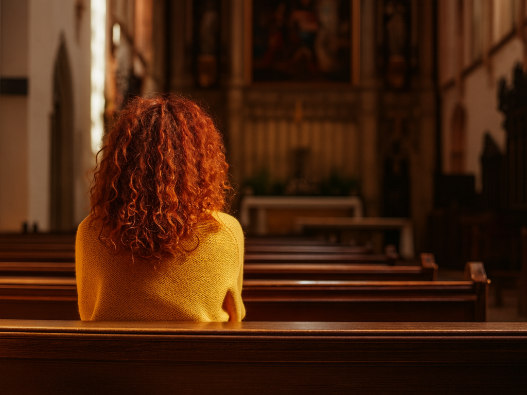 A woman praying alone in a church, symbolizing faith during times of change.