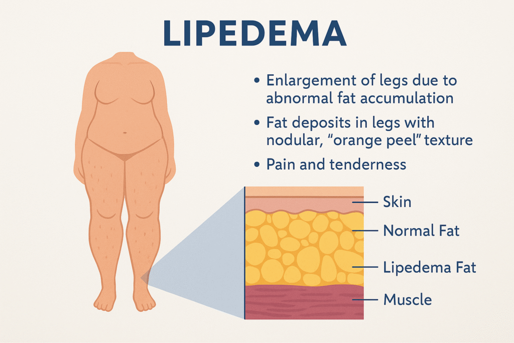 Diagram showing the effects of lipedema on legs, explaining fat distribution and common symptoms.