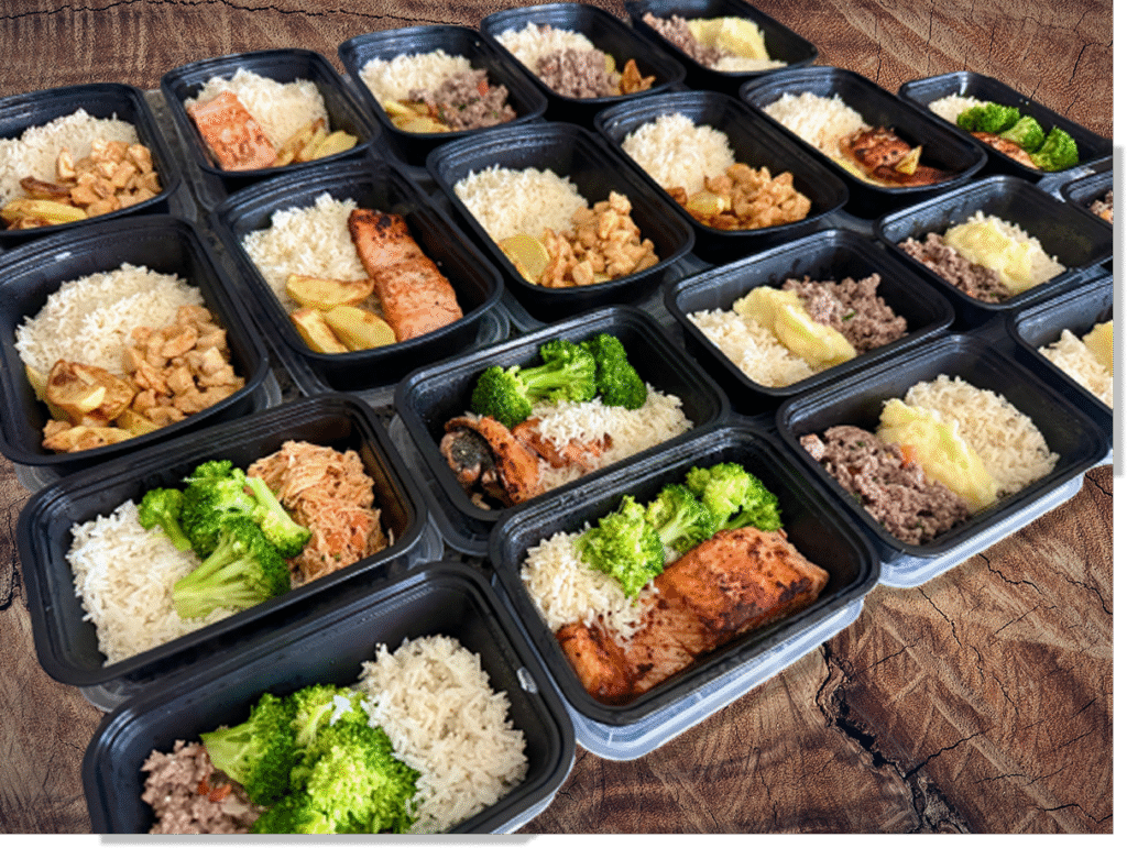 Meal prep containers with healthy family meals, including rice, vegetables, and proteins, neatly arranged on a wooden table.