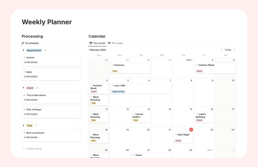 Calendar planner on Notion