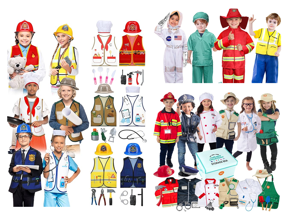 professions-costumes Children dressed as professionals such as firefighters, police officers, astronauts, etc.