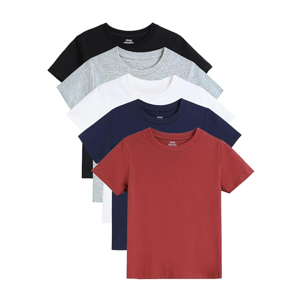 5-pack of solid color T-shirts in assorted shades, ideal for back to school outfits, available on Amazon for $26.
