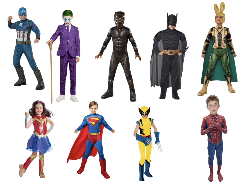 superheroes-costumes Children wearing heroes and villains costumes.