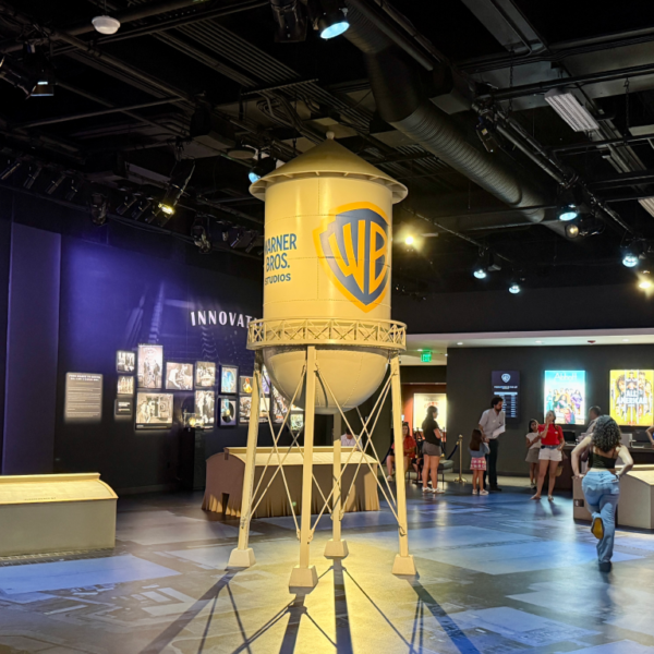Water tower at Warner Bros Studios on a sunny day, an iconic symbol of the studio lot.