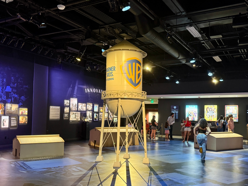 Water tower at Warner Bros Studios on a sunny day, an iconic symbol of the studio lot.