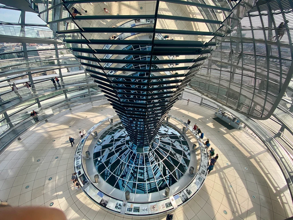 View from inside the Reichstag glass dome overlooking Berlin skyline.