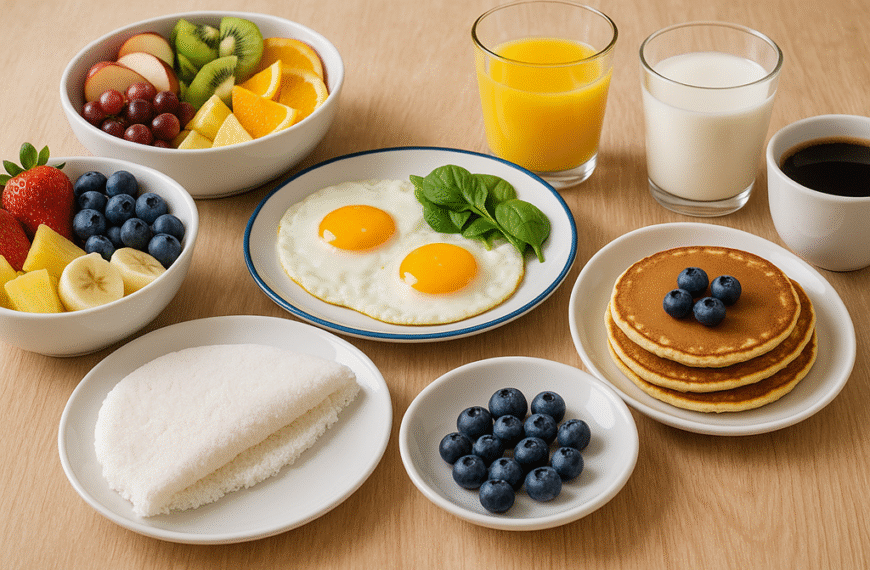 A breakfast table with a variety of healthy foods including a bowl of mixed fruits (kiwi, orange, grapes, apple, pineapple), another bowl with strawberries, blueberries, pineapple, and banana slices, a plate with two sunny-side-up eggs and spinach, a folded tapioca, a stack of pancakes topped with blueberries, a small plate of blueberries, and three glasses with orange juice, milk, and coffee.