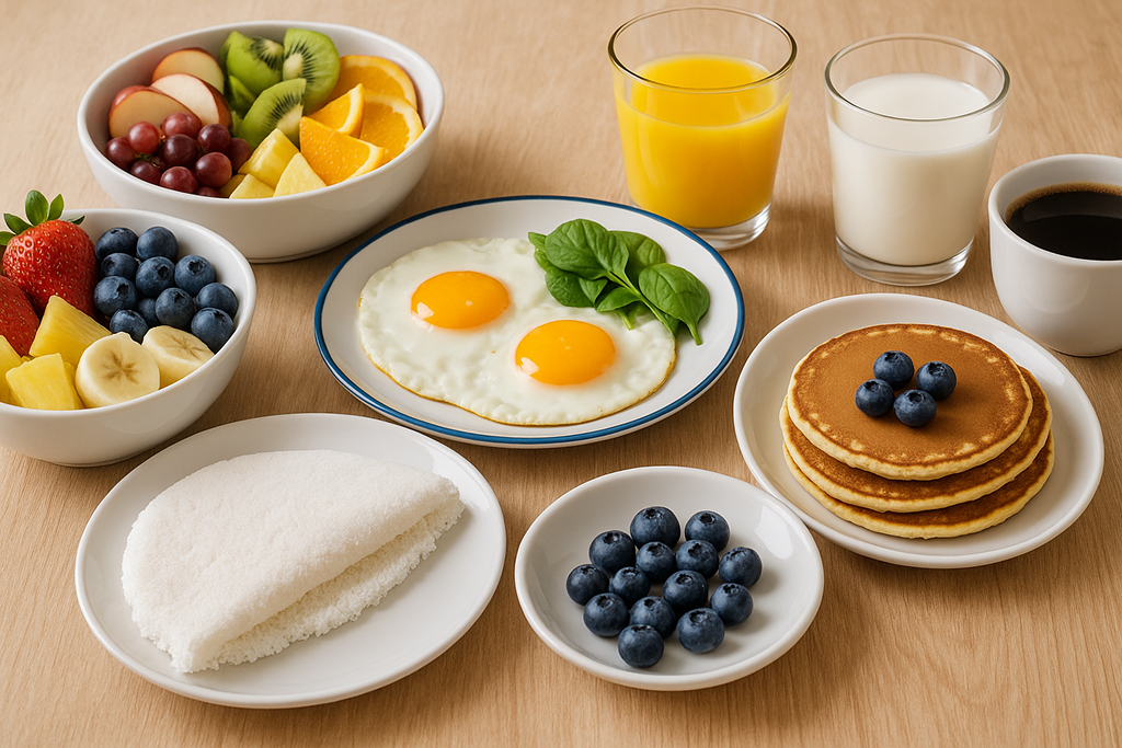 A breakfast table with a variety of healthy foods including a bowl of mixed fruits (kiwi, orange, grapes, apple, pineapple), another bowl with strawberries, blueberries, pineapple, and banana slices, a plate with two sunny-side-up eggs and spinach, a folded tapioca, a stack of pancakes topped with blueberries, a small plate of blueberries, and three glasses with orange juice, milk, and coffee.