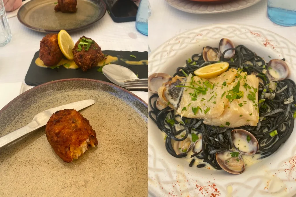 Plate with codfish fritter and pasta negra with bacalhau