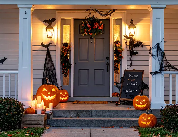 Front porch decorated for Halloween with carved pumpkins and cobwebs.