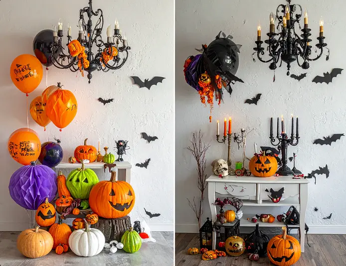 Side-by-side Halloween decor: colorful kid-friendly and elegant spooky adult setting.