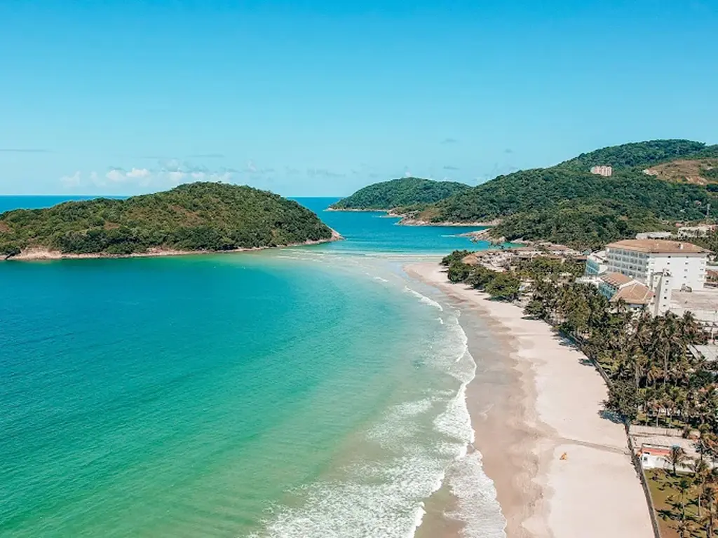 Panoramic view of Guarujá beach from above with ocean