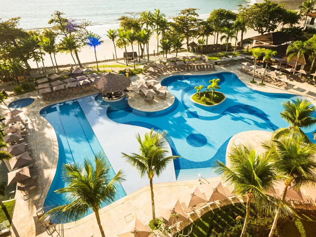 Aerial view of the resort with swimming pool