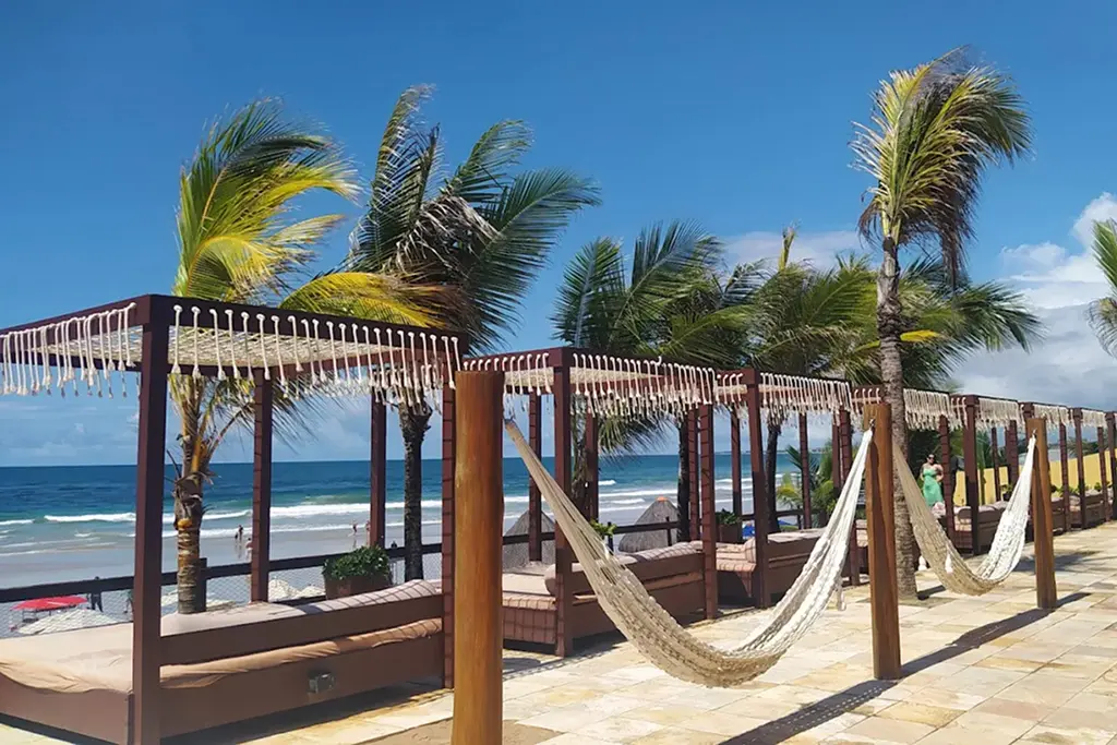 Hammocks and cabanas under palm trees facing the beach