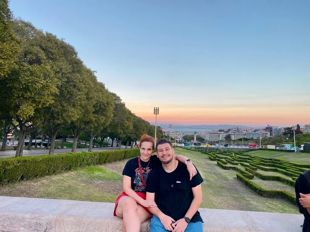 Panoramic view of Parque Eduardo VII gardens and Lisbon skyline