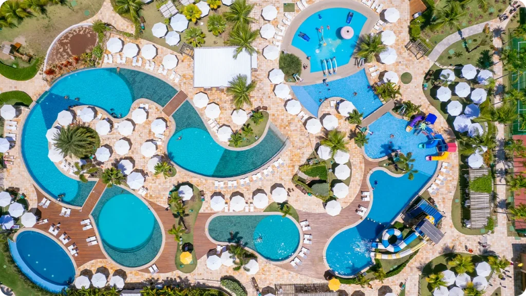 Aerial view of the swimming pools at the resort