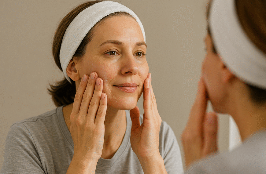 A 40-year-old woman with glowing skin applies moisturizer to her face while looking in the mirror, wearing a white headband.