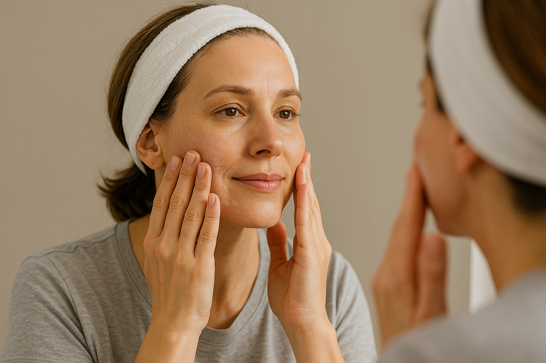 A 40-year-old woman with glowing skin applies moisturizer to her face while looking in the mirror, wearing a white headband.