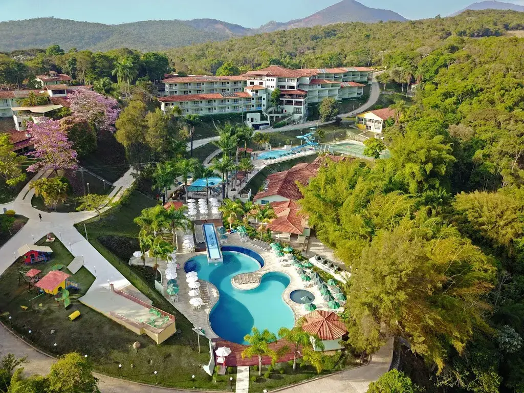 Brazilian Resorts: Aerial view of the luxury resort with swimming pool, main building, and children’s playground